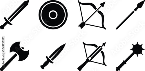 Quadro su tela Medieval weapon and armor icons collection with sword shield bow arrow spear axe dagger crossbow and mace