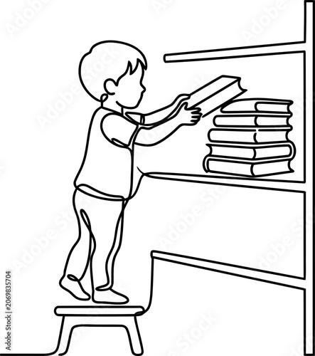 Continuous one line drawing of a young boy putting books on a library shelf.