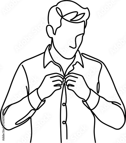 Continuous line drawing of a man buttoning his shirt.