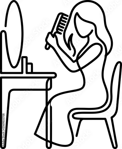Minimalist continuous line drawing of a woman brushing her hair in front of a vanity mirror.