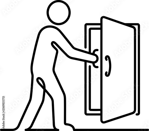 Minimalist outline icon of a person opening a door.