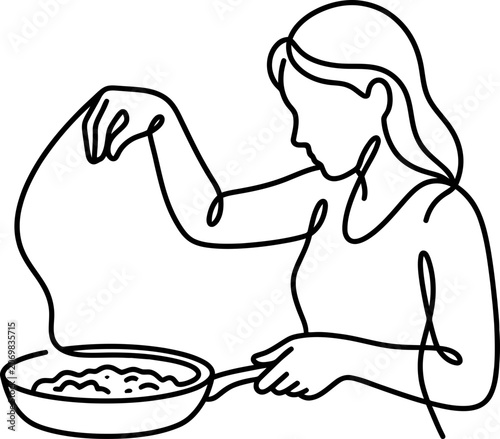 Continuous one line drawing of a woman cooking food in a pan.