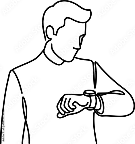 Continuous one line drawing of a man checking his watch.