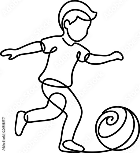Continuous one line drawing of a little boy playing with a ball.