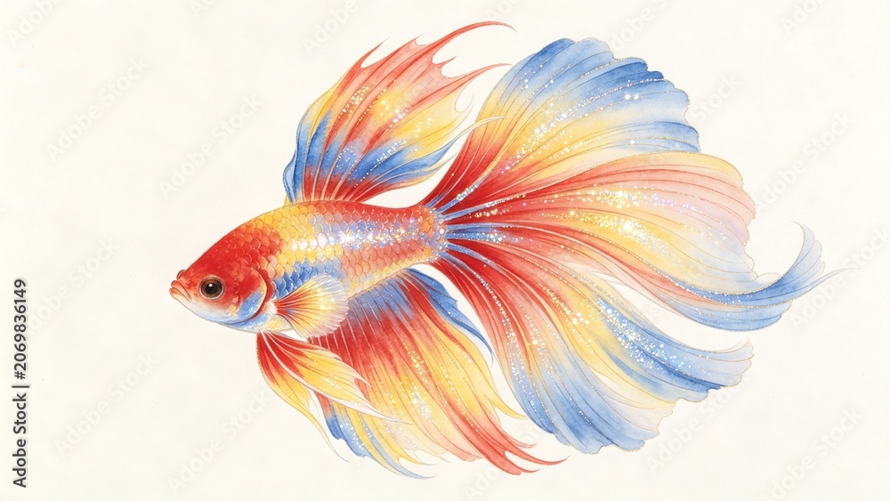 Fototapeta premium Colorful Betta Fish with Yellow Blue and Red Flowing Fins