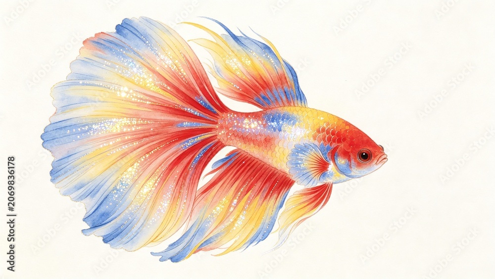 Fototapeta premium Colorful Betta Fish with Blue Yellow and Red Flowing Fins