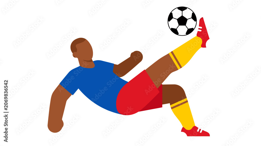 Obraz premium Dynamic illustration of a soccer player performing a bicycle kick in midair, colorful sports action.