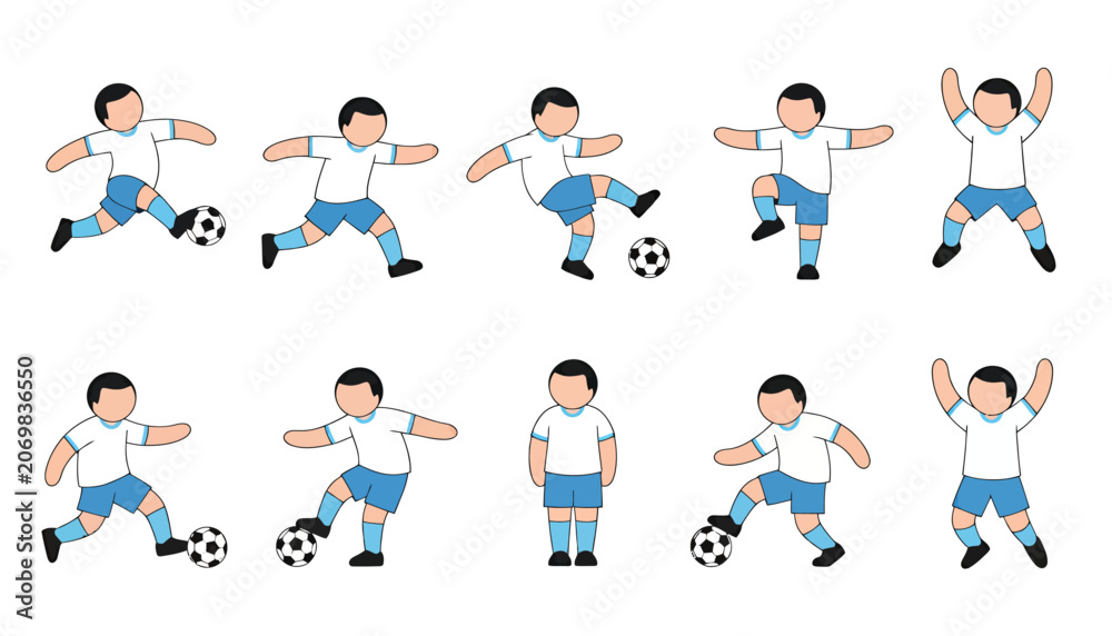 Fototapeta premium Dynamic sequence of cartoon soccer players in blue uniforms kicking a ball across a field in action.