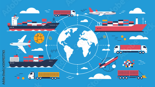 Logistics network illustrates global shipping routes with cargo ships, airplanes, and trucks surrounding a central world map icon on a blue background.