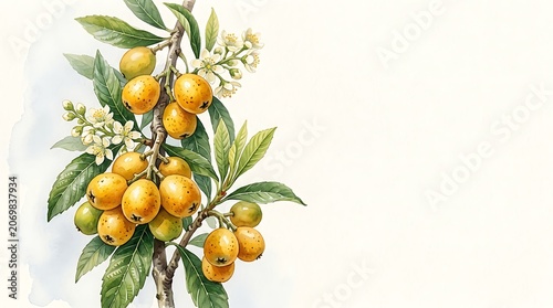 Watercolor loquat branch with ripe yellow fruit and blossoms