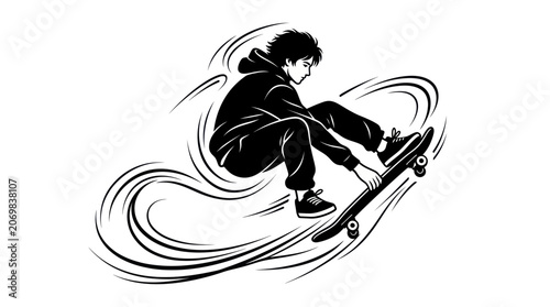 Fotografi Skateboarder performing trick in mid-air with motion lines