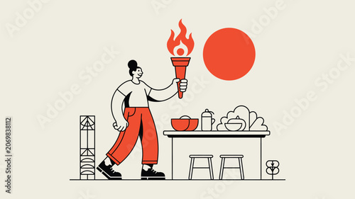 Woman carrying a bright orange torch stands in a kitchen environment as she moves toward a future filled with warmth and bright energy.