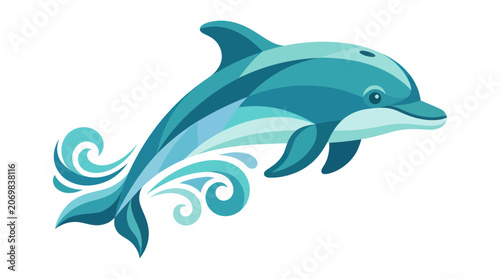 Konstfotografi Stylized Dolphin Jumping with Water Waves, Blue and Teal Abstract Design