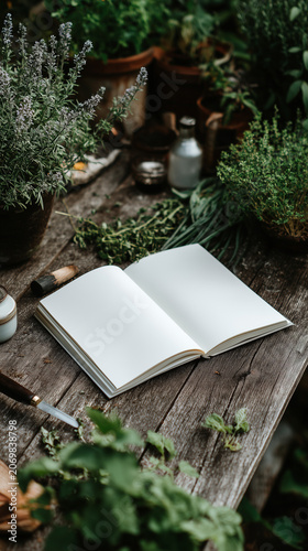 Open notebook on a table surrounded by nature in a peaceful outdoor setting