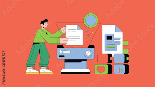 Businessman interacts with a data processing machine while organizing various business documents.