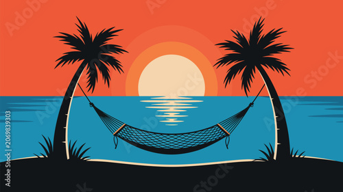 Hammock suspended between two palm trees creates a tranquil tropical scene at sunset near the ocean.