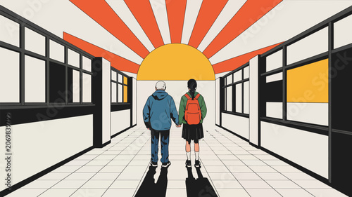 Students walk down a school hallway towards a bright rising sun depicted in a stylized graphic manner.