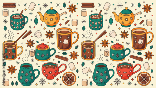 Mugs of hot chocolate are decorated with marshmallows, cinnamon sticks, and dried orange slices for a winter drink theme.
