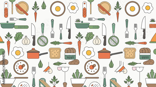 Kitchen utensils are arranged in a repeating pattern alongside fresh vegetables, fried eggs, and bread slices.