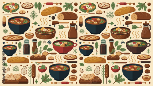 Bowls of hot soup are arranged with artisan bread, spices, and wooden kitchen tools on a textured surface.