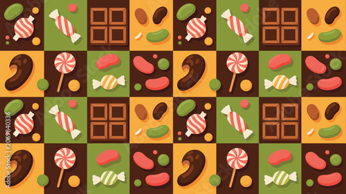Candy pattern features a repetitive grid design filled with colorful chocolate bars, lollipops, and various sweets for festive confectionery branding.