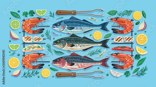 Fish and seafood are displayed on a flat surface along with fresh herbs, lemon slices, and metal grilling utensils.