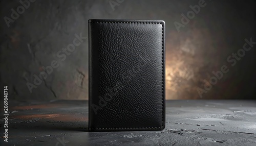 Black leather wallet on dark background.