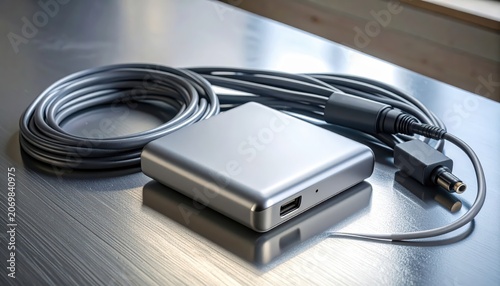 Portable power bank on metal table.