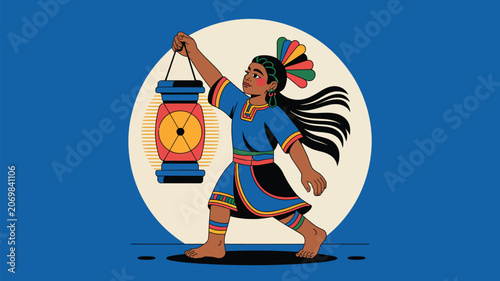 Woman walking forward carries a brightly colored lantern to symbolize the pursuit of knowledge and guidance.