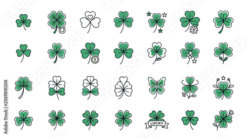 Fotografie Green shamrock and four leaf clover luck icons in linear style