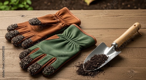 Gardening gloves and soil scoop tools.