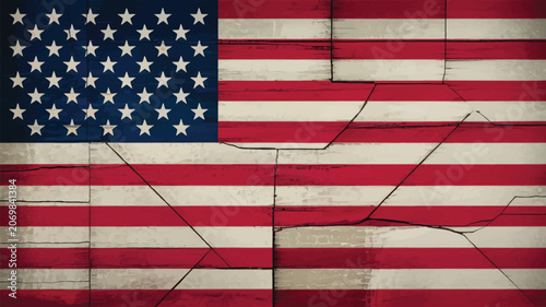 American flag is depicted with visible fractures across the surface to symbolize political instability and national division.