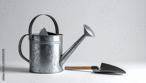 Vintage metal watering can and shovel.