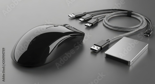 Wireless computer mouse and USB accessories.