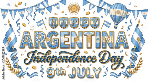 Happy argentina independence day 9th july celebration with flags and bunting