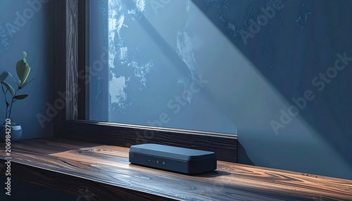 A black box on a wooden windowsill.