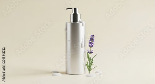 Lavender cosmetic bottle with flower.