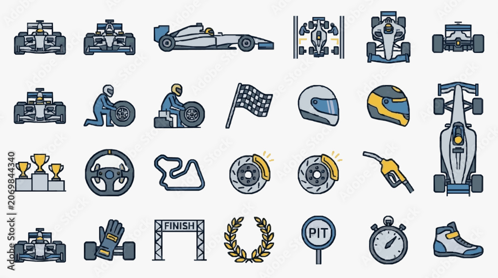 Naklejka premium Clean Minimalist Flat Set of Racing Icons and Formula 1 Elements in Blue Gray and Yellow with high quality professional line art symbols for modern creative design and digital branding projects