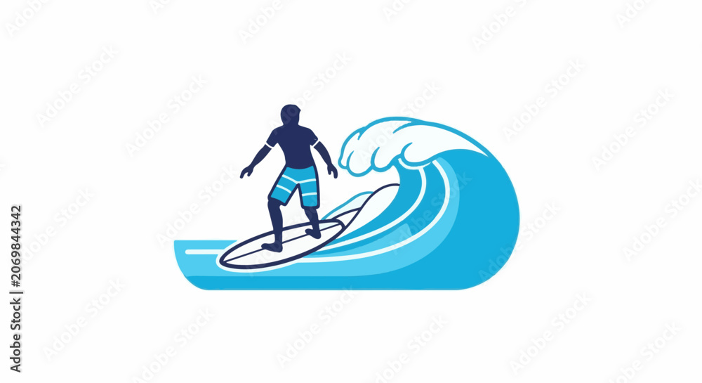 Obraz premium A surfer in blue shorts rides a white surfboard on a large wave