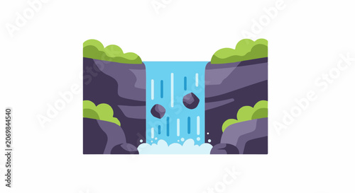 A vibrant digital illustration of a waterfall cascading down a rocky cliffside surrounded by lush greenery