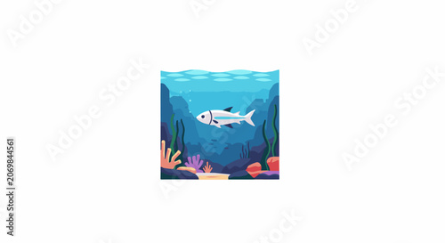 A vibrant digital illustration of a white fish swimming above colorful coral and seaweed