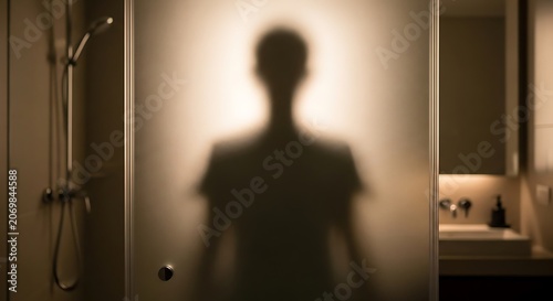 Silhouette in bathroom doorway.