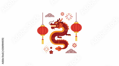 A vibrant dragon surrounded by hanging lanterns and festive decorations