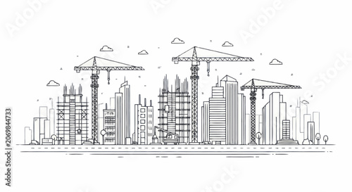Quadro su tela Outline Drawing of City Construction Site with Cranes and Buildings