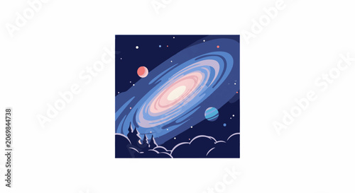 A vibrant illustration of a swirling galaxy with planets and stars in a dark blue space