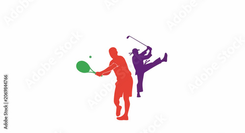 A vibrant illustration of a tennis player in red and a golfer in purple