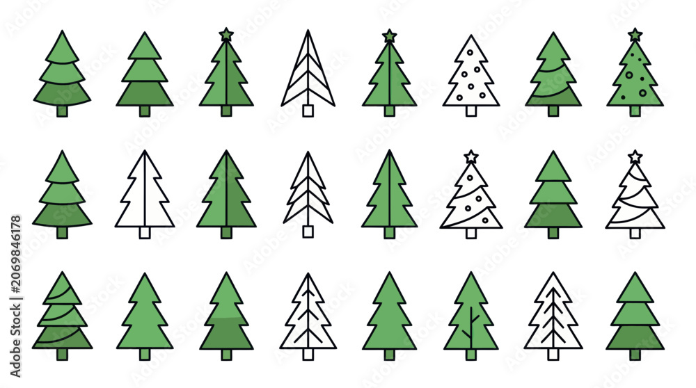 Obraz premium Christmas tree icon set with minimalist green and outline designs