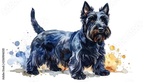 A standing, watercolor-style portrayal of a black-coated dog. Colorful splatters appear beside it