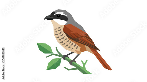 Bild auf Leinwand Brown Shrike Bird Perched on Green Branch, Vector Illustration
