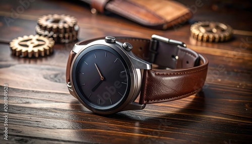 Brown leather watch with gear background.